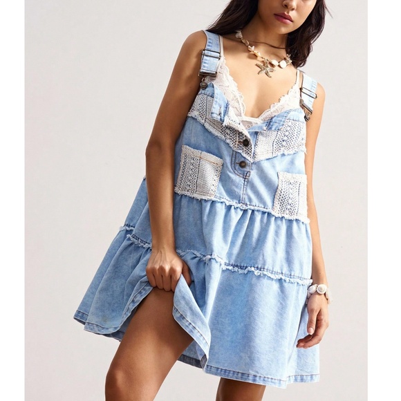 Light Wash Crochet Frayed Detail Adjustable Denim Jean Mini Dress - Picture 3 of 6